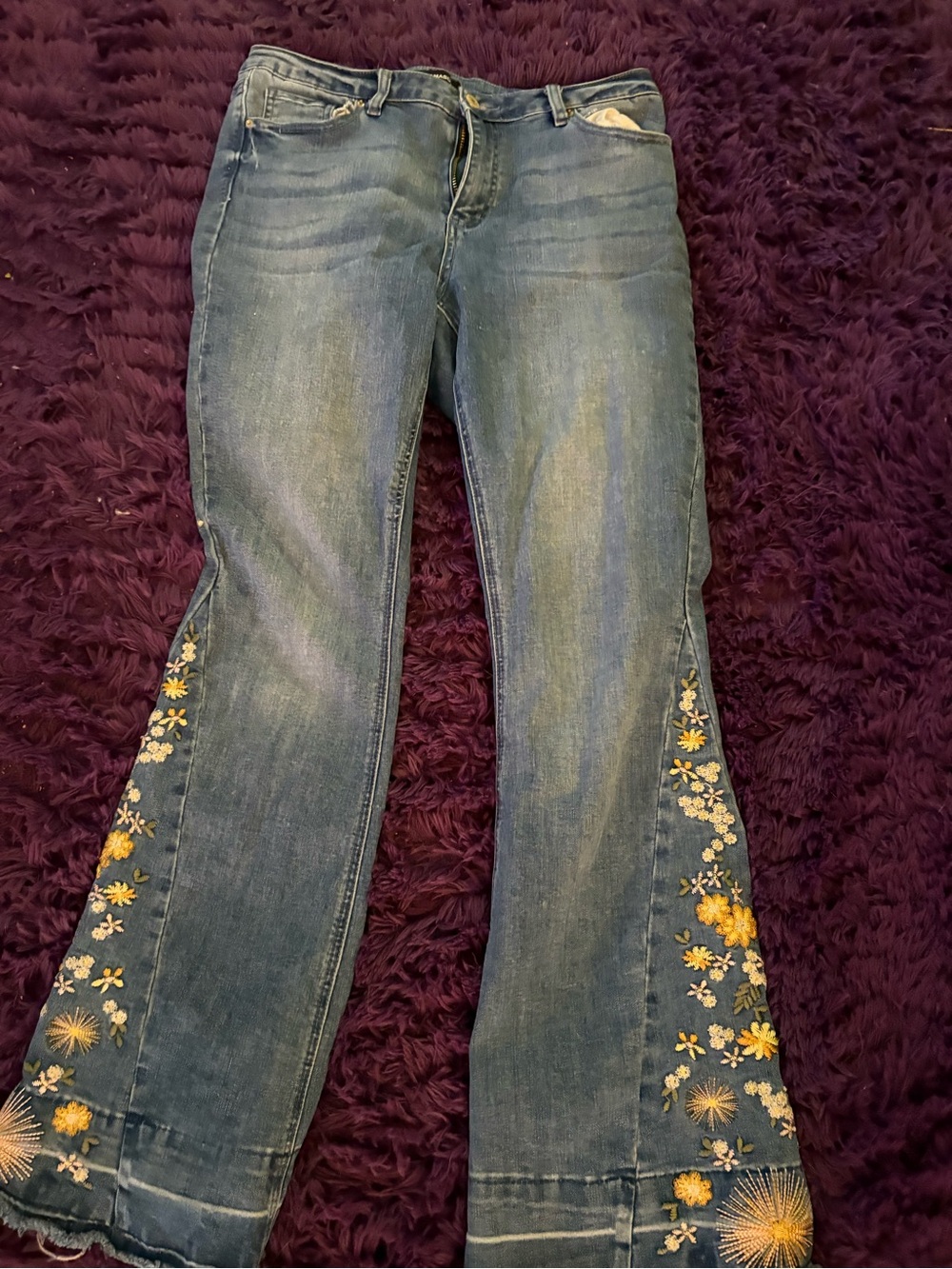 Ashley Mason Blue Flare Jeans with Yellow & Cream Floral Embroidery